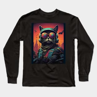 Japanese Cyberpunk Cat Wearing Glasses Long Sleeve T-Shirt